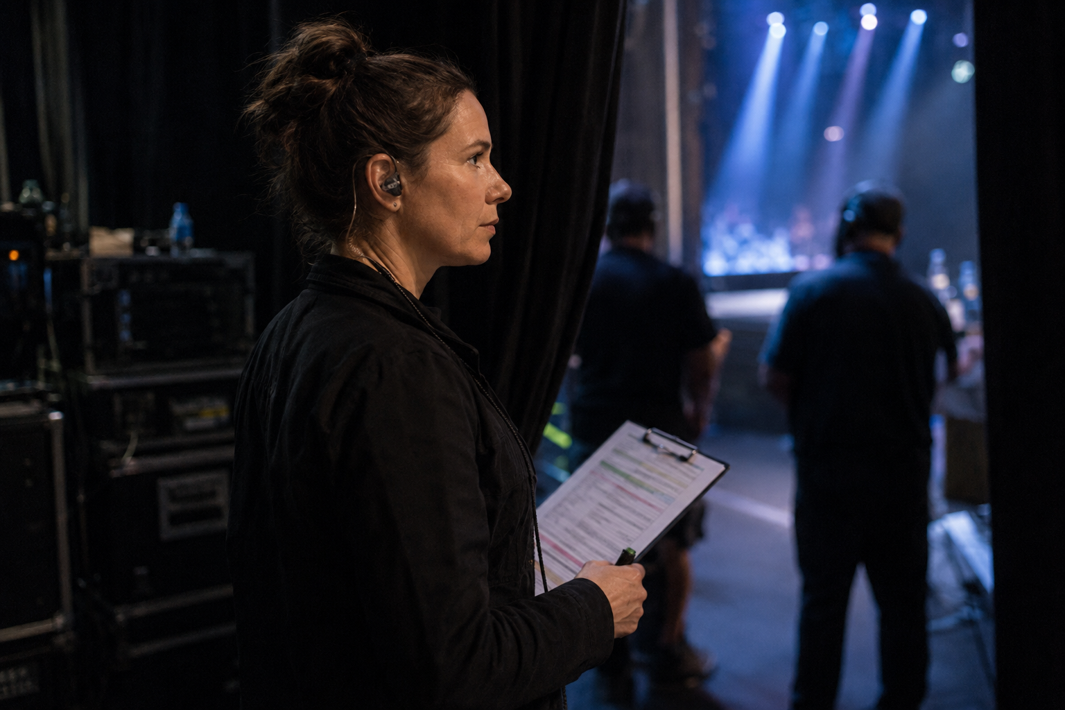 Event coordinator backstage near the stage entrance.