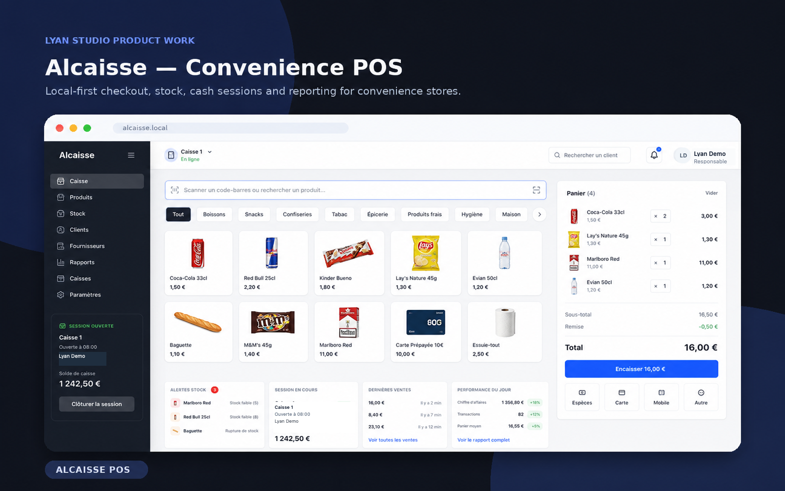 Alcaisse local-first POS system product screen
