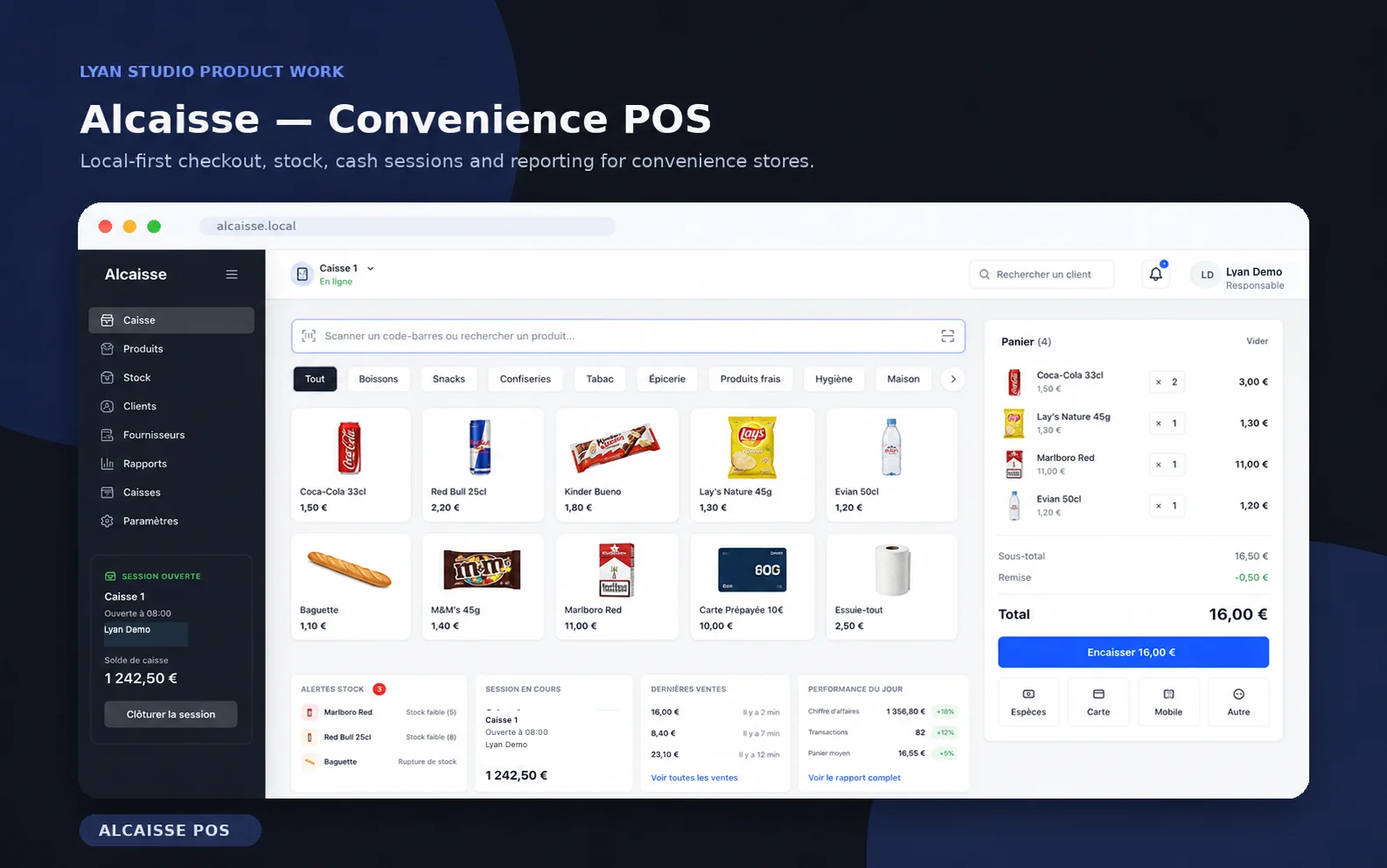 Alcaisse local-first POS product screen