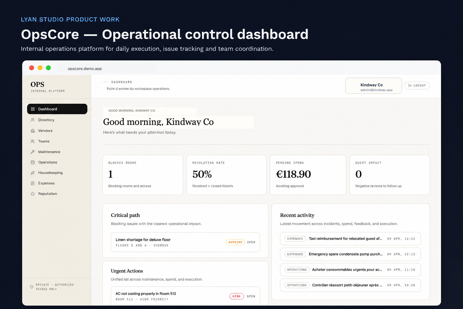 OpsCore internal operations platform product screen