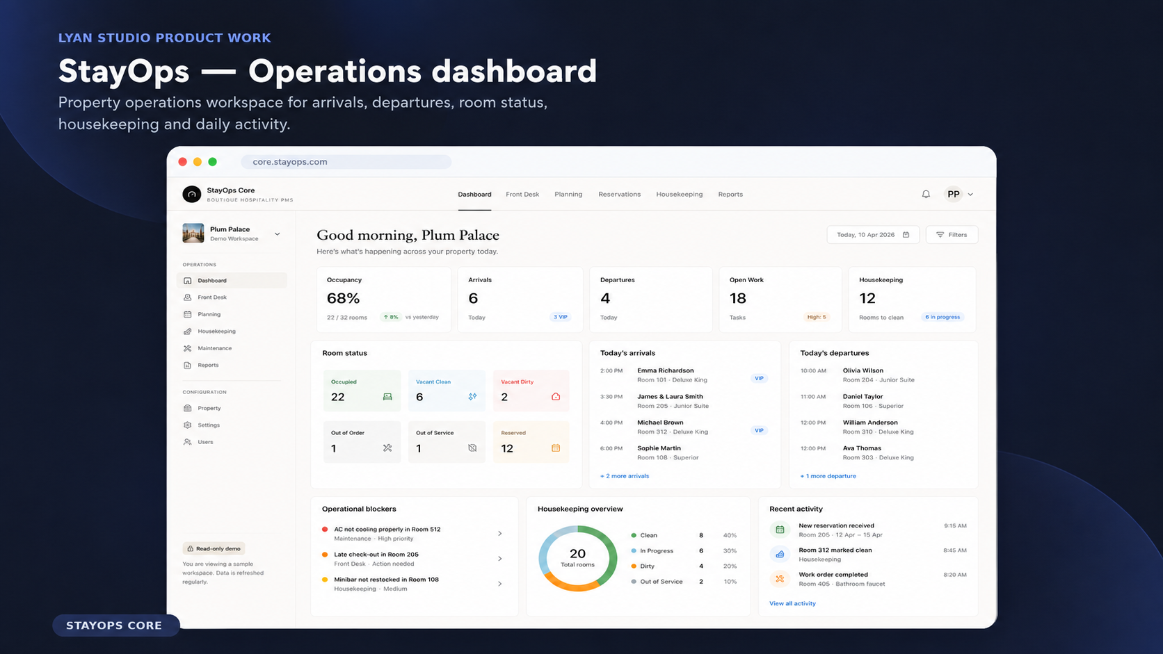 StayOps property management dashboard product screen